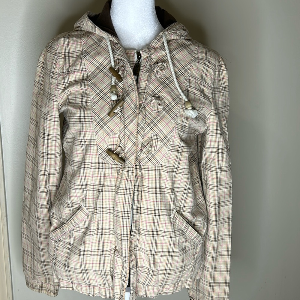 Women’s Roxy tan and brown interior quilted, plaid hooded jacket size medium